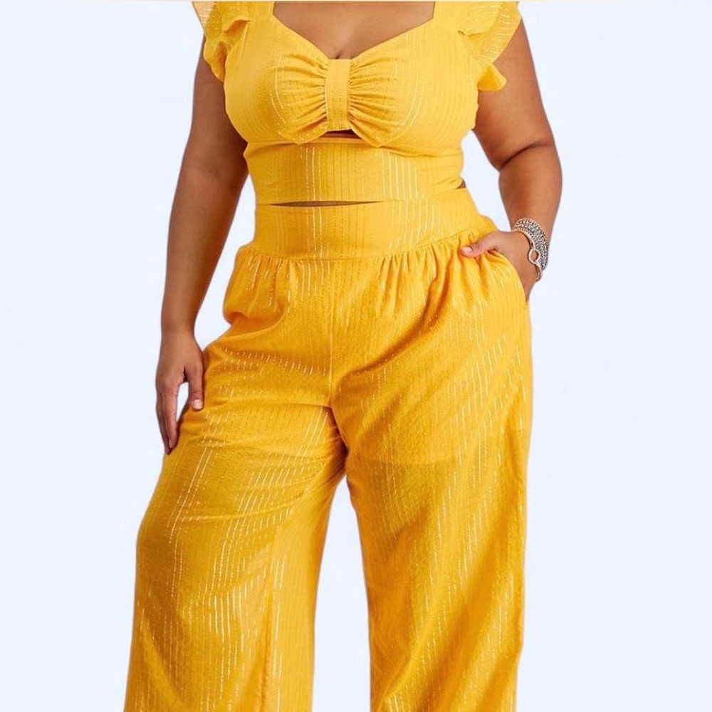 Cropped Cutout Flutter-Sleeve Top & High-Rise Smocked-Back Wide-Leg Pants